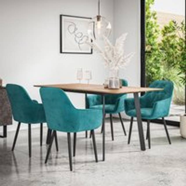 (Blue) Haydon Extending Oak Effect Dining Table Set w 4-6 Anika Velvet Chairs