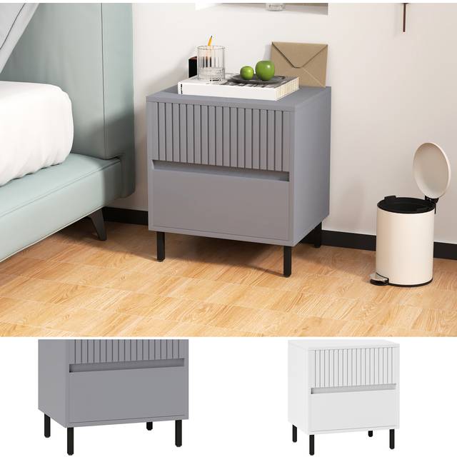 HOMCOM Simple Line Indented Two-Drawer Bedside Table - Grey