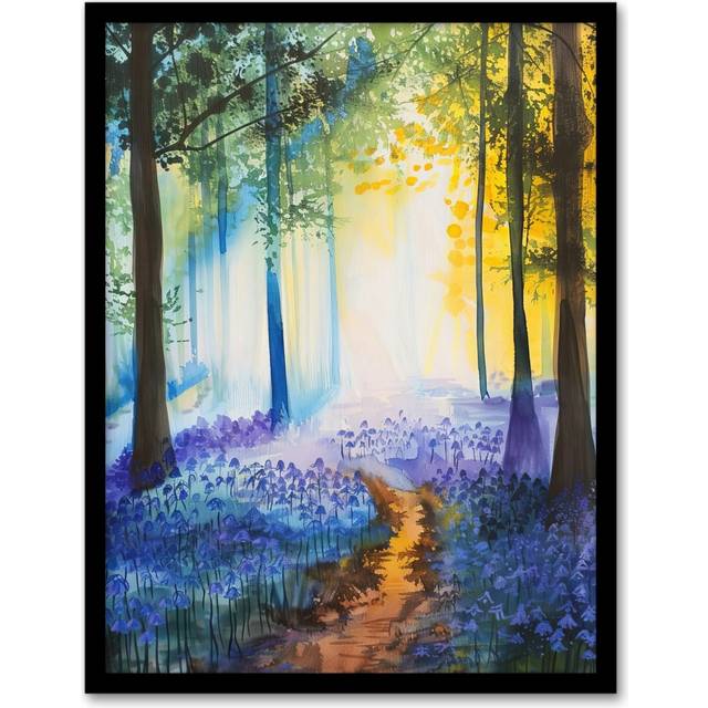 Bluebell Woods Misty Forest Morning Watercolour Framed Art Print - Multi - A4