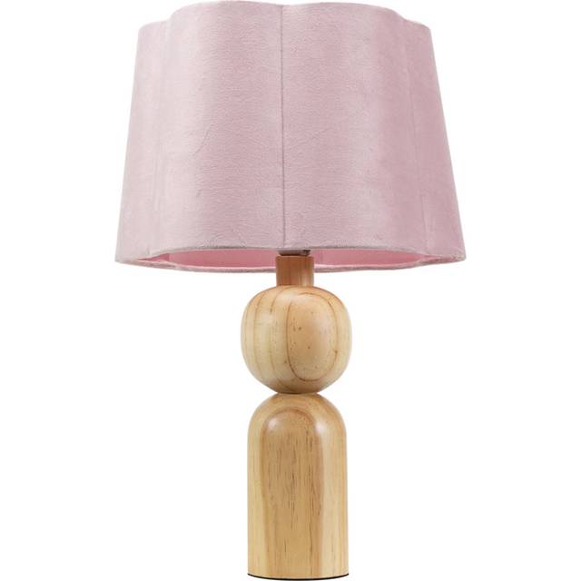 ValueLights Azalea Blush Pink Velvet Scallop Shade Rustic Wooden LED Table Lamp - Cream