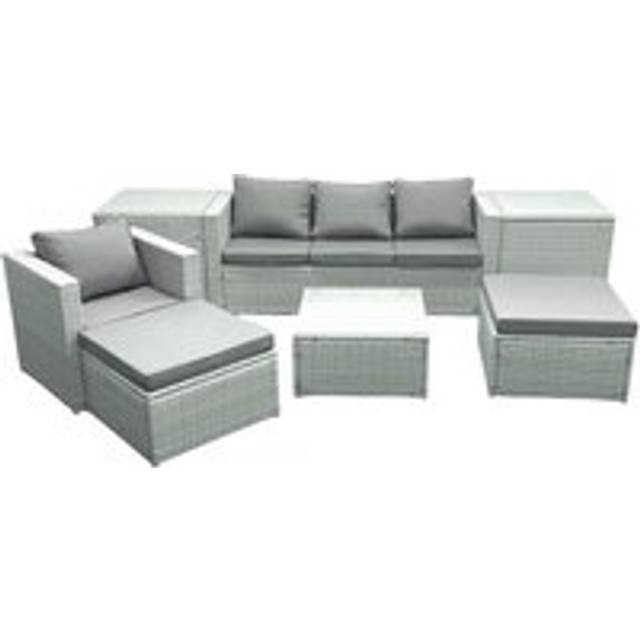 Fimous Garden Outdoor Furniture Set 6 Seater Rattan Sofa Set with 2 Big Footstools Armchair 2 Side Tables Light Grey Mixed