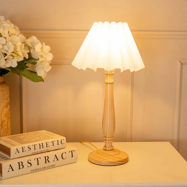 Victoria Light Wood Candlestick Stem Table Lamp with White Scallop Tapered Shade and led Bulb