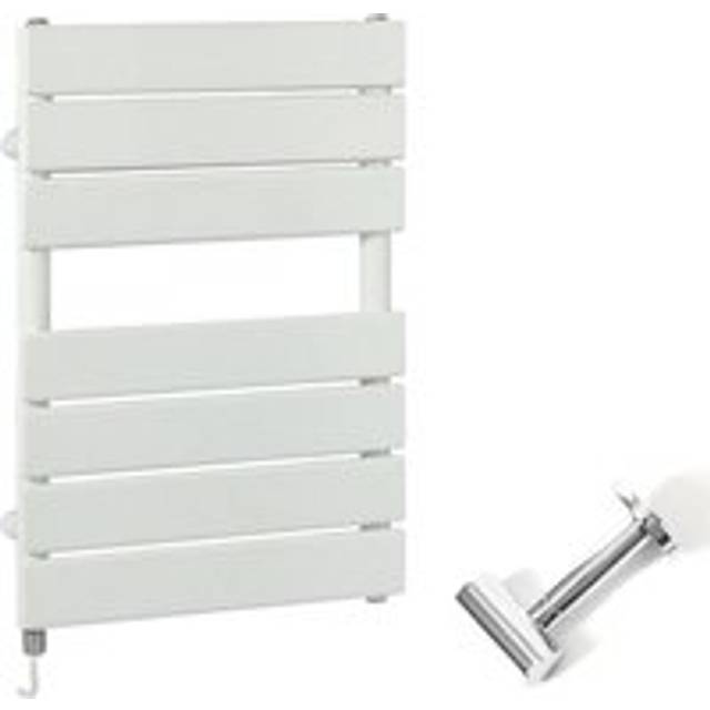 Lustro Electric - Modern White Flat Panel Heated Towel Rail Radiator with Simple Heating Element and Cable Cover - 600mm x 400mm - Milano