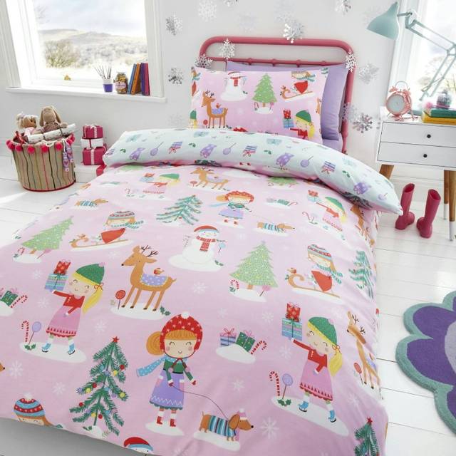 Happy Linen Company Time For Christmas Festive Reversible Soft Easy Care Bed Linen Duvet Cover Bedding Set - Double, Pink