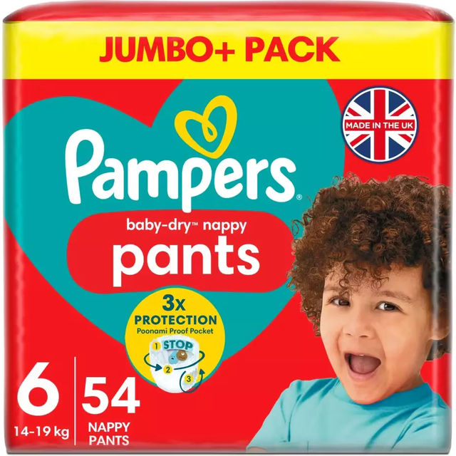 Pampers Baby-Dry Nappy Pants Size 6, 54 Nappies, 14kg - 19kg, Jumbo+ Pack