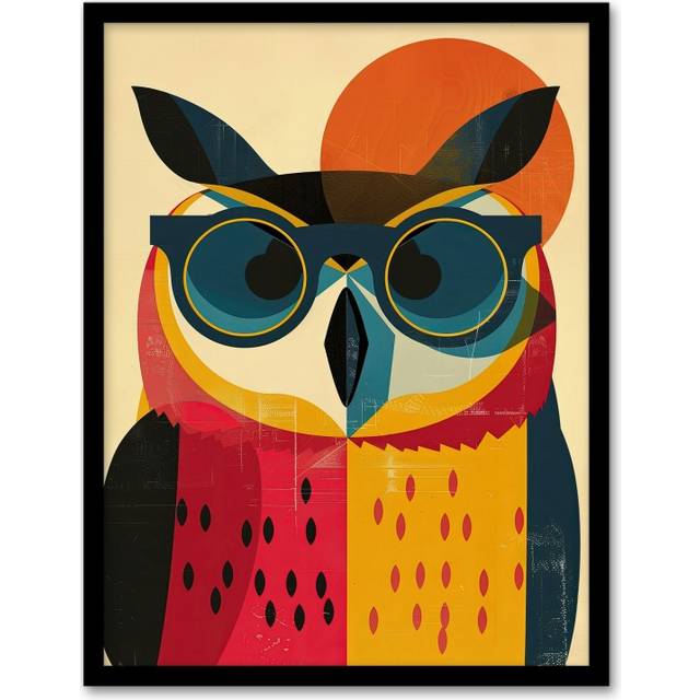 Wall Art Print Owl Bird Shades Sunglasses Fun Colourful Painting Art Framed Poster - Black - A4