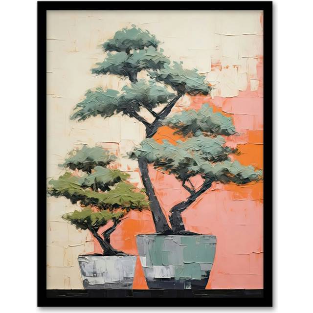 Wall Art Print Two Japanese Bonsai Tree Plant Pots Thick Palette Knife Oil Painting Artwork Framed - Pink - A4