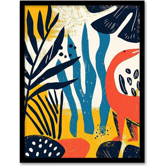 Wall Art Print Simple Abstract Landscape Plants and Dinosaur Art Framed Poster - Black - A4