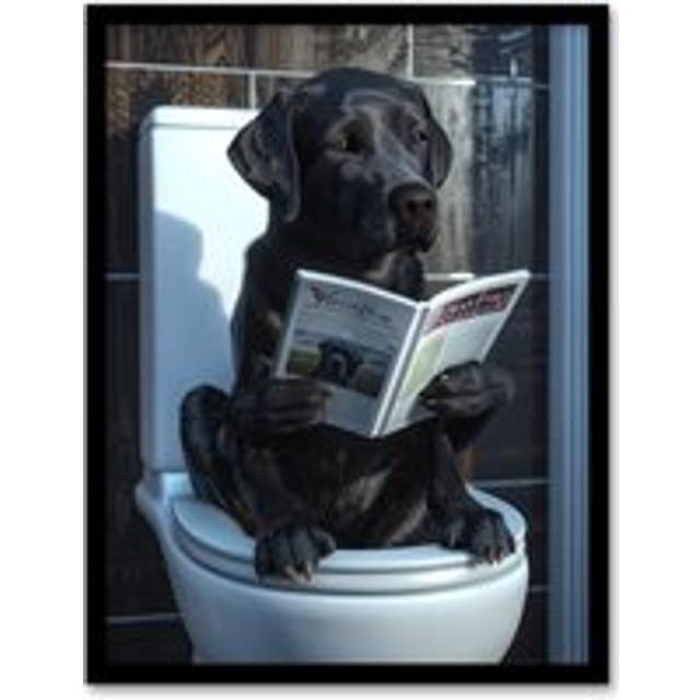 Wall Art Print Dog Lover Funny Black Labrador Reading on Toilet Art Framed Poster - W12 inch x H16 inch