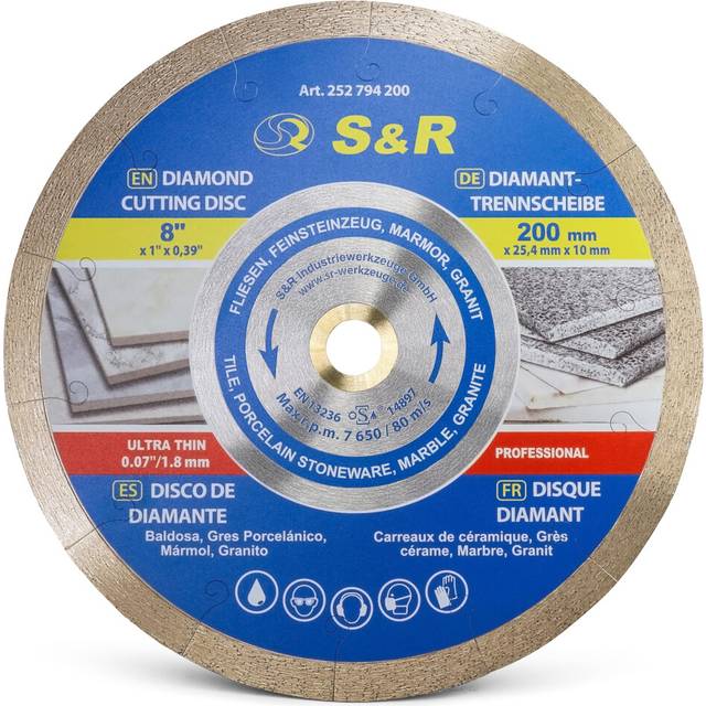 S&R Diamond Saw Blade 200 * 25,4 * 7 mm (1,6 mm), table saw, for porcelain, fine stoneware, hard tiles, granite