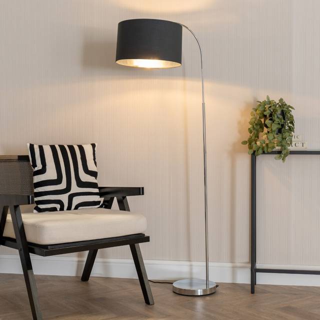 Curva Chrome Arched Floor Lamp with Metallic Chrome Inner Drum Lamp Shade & Bulb - Black - One Size