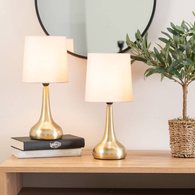 Valuelights Teardrop Pair Of Fabric Shades Brushed Gold Bedside Touch Table Lamps In Baby Pink - One Size