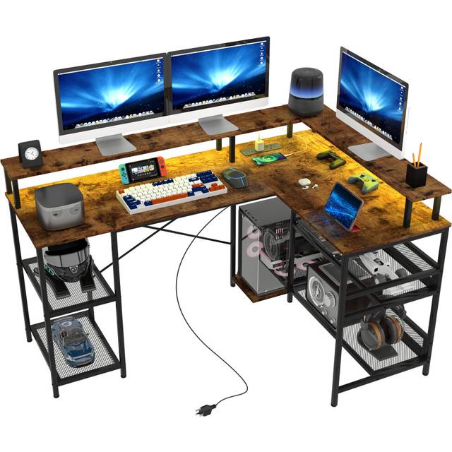 HOMCOM L Shaped Gaming Desk w/ LED Lights and Power Outlets for Small Space