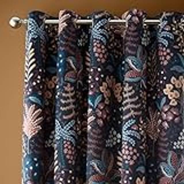 'Exotic Leaves' Soft Recycled Polyester Velour Eyelet Curtains - Black - 117cm width x 183cm drop