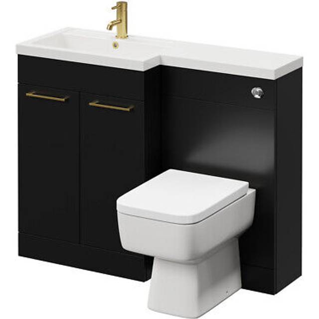 Napoli 390 Combination Vanity Unit Toilet Suite with Left Hand L Shaped 1 Tap Hole Basin and 2 Doors with Brushed Brass Handles | Matt Black | ABS Polished Chrome | 1100mm