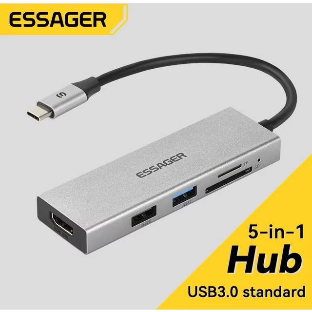 Essager 5 in 1 USB C HUB HDMI-4K Dockningsstation Splitter för Macbook Adapter för bärbara datorer USB 3.0 Typ C grå