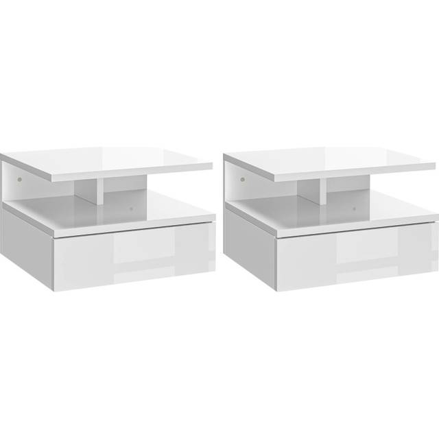 HOMCOM Nightstand Set of 2, Wall Mounted Bedside Cabinet, High Gloss White, White