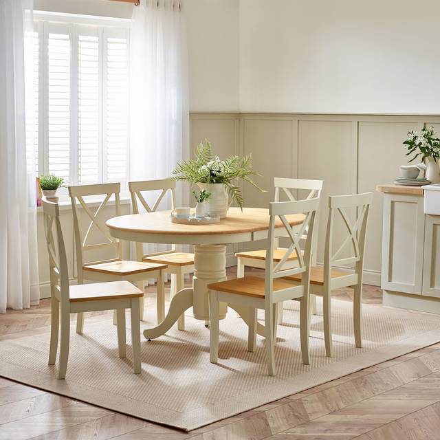 Prestow Round Extending Dining Table & Shannondale Chairs  - Rustic Farmhouse Kitchen - Cream (6)