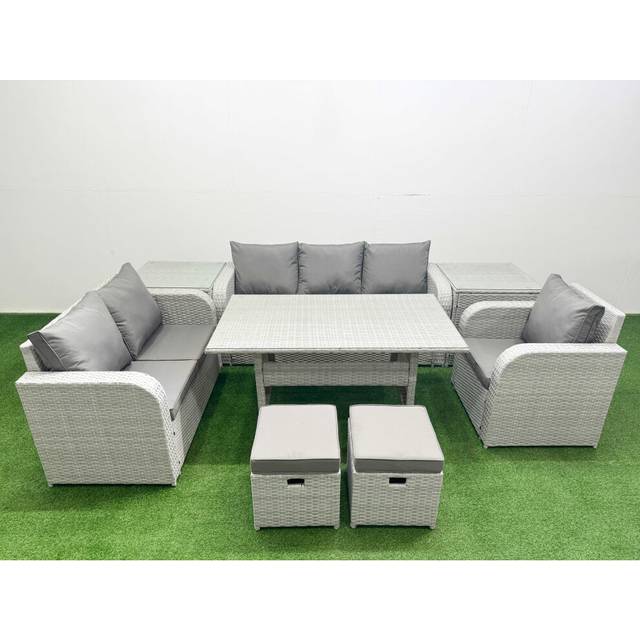 Fimous Patio PE Wicker 8 Seater Outdoor Rattan Furniture Sofa Sets with Reclining Chair Loveseat Sofa 3 Seater Sofa Stool 2 Side Table