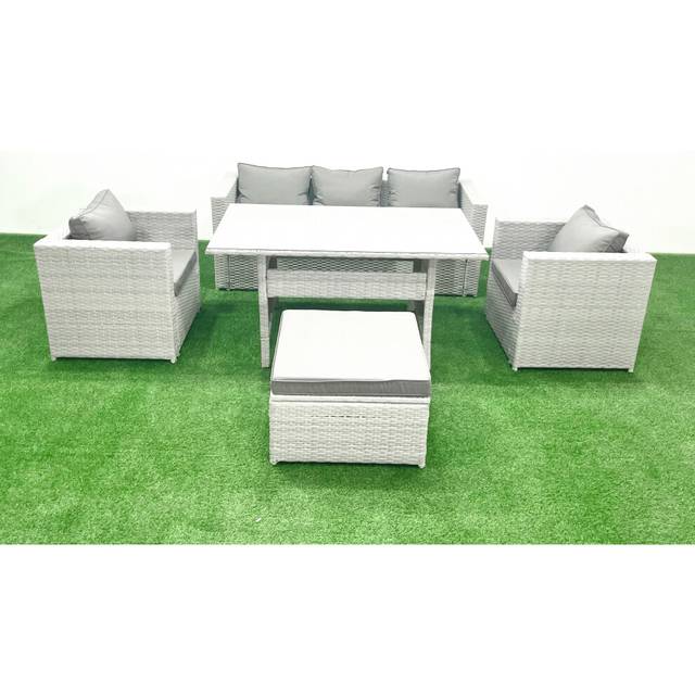 Fimous Garden Dining Set Outdoor Rattan Furniture Set with Sofa Dining Table 2 Chairs Big Footstool Light Grey Mixed