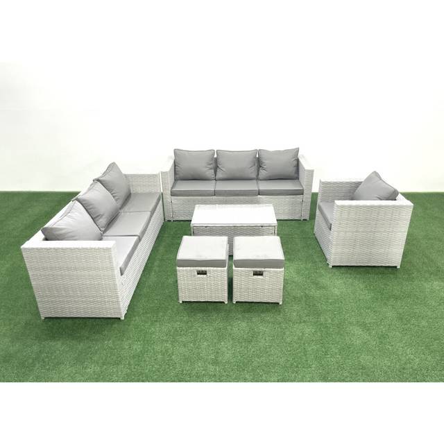 Wicker PE Rattan Sofa Garden Furniture Set with Armchair Oblong Coffee Table 2 Small Footstools Light Grey Mixed - One Size