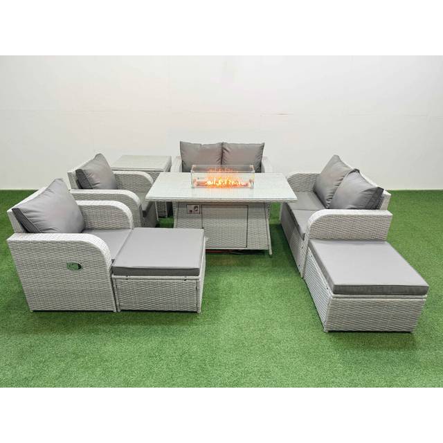 2 Loveseat Sofa With 2 Reclining Chair, Firepit Dining Table, 2 Stool & Side Table | Wowcher - Grey