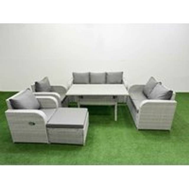 Fimous Fimous PE Rattan Garden Furniture Set Reclining Chair Sofa Double Love Seat 2 Seater Sofa Lounge Set Rectangular Dining Table Big Footstool Light Grey