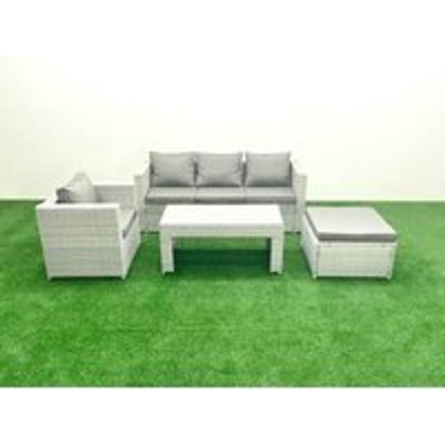Rattan Garden Furniture Set 4 Pieces Outdoor Garden Sofa Oblong Coffee Table Set with Chair Big Footstool Light Grey Mixed - Fimous
