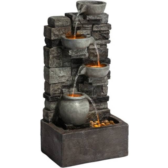 Teamson Home 72.3 cm Outdoor 4-Tier Stacked Stone Cascading Water Fountain with LED Lights, Gray