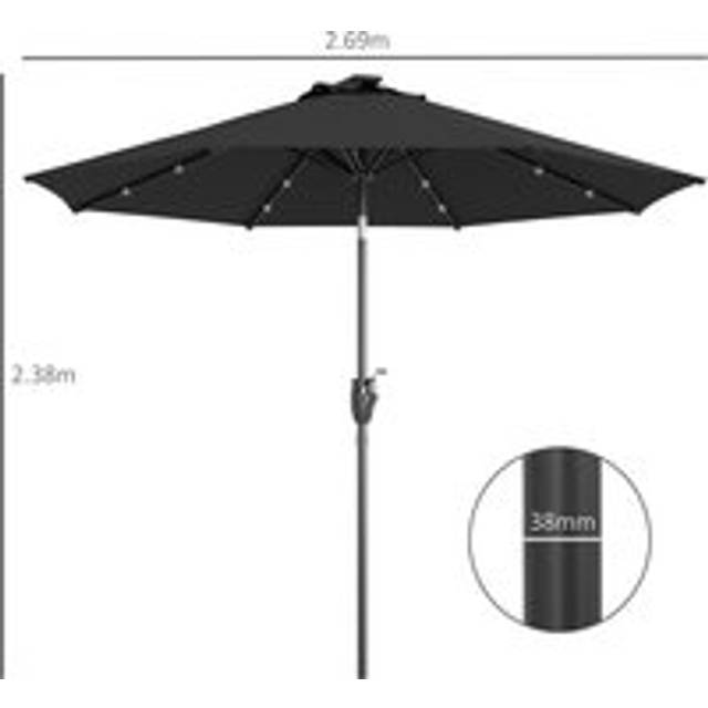 Outsunny Φ2.7m Garden Parasol Solar Outdoor Tilt Sun Umbrella Patio Sun Shade W/ 24 Led Light, Hand Crank And 8 Ribs, Black