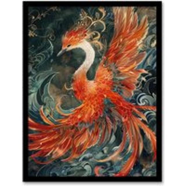 Wall Art Print Phoenix Bird and Smoke Clouds Stylised Painting Art Framed Poster - Black - A4