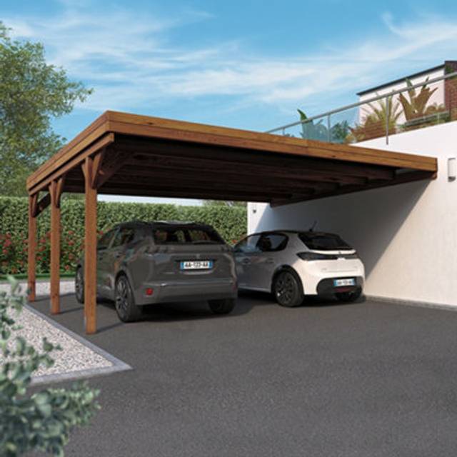 Cerland Victor Wall Mounted Double Wooden Carport 6 x 5m Opaque Roof, Brown