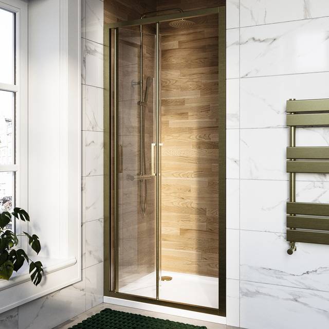 800mm Brushed Brass Bi-Fold Shower Door 6mm Glass - Carina