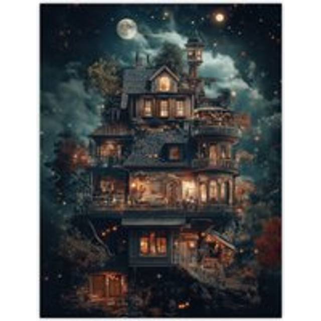 The Burrow Witch Home at Night Conceptual Art Wall Art Print - Blue - W12 inch x H16 inch