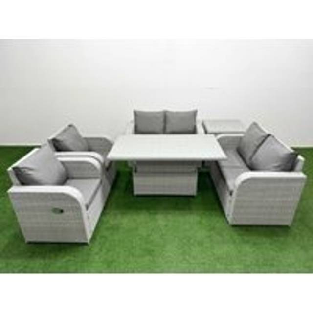 Fimous 6 Seater Outdoor Reclining Chair Love Sofa Set Rattan Garden Furniture Set with Adjustable Lifting Dining or Coffee Table Side Table
