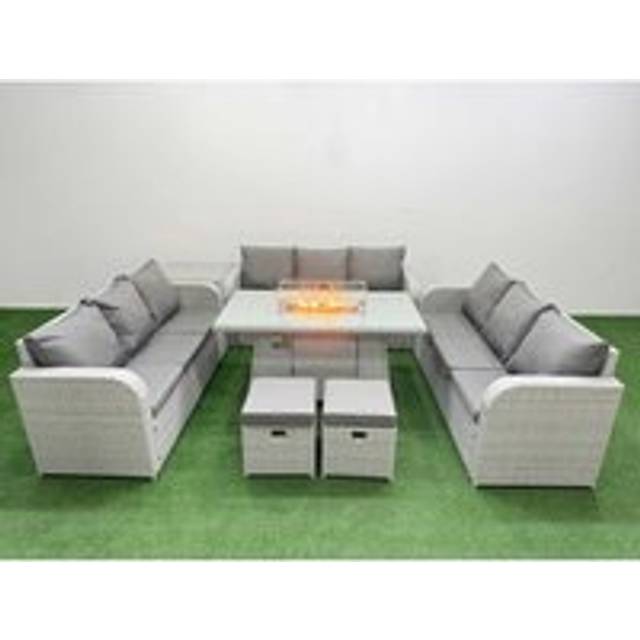 3 3-Seater Sofa With Firepit Dining Table, Side Table & 2 Stools | Wowcher - Grey