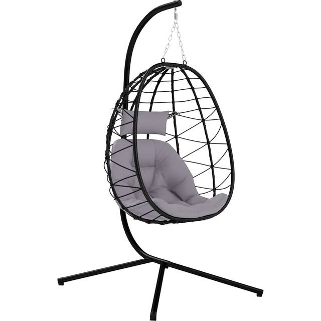 Outsunny Garden Egg Chair Outdoor Hanging Swing Chair - Folding Basket - Khaki - Grey | TJ Hughes