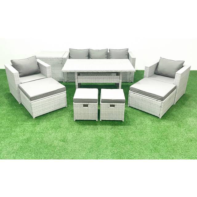 Fimous Rattan Garden Furniture Set Outdoor 9 Seater Patio Dining Sets with Glass Top Dining Table and Side Table Light Grey Mixed