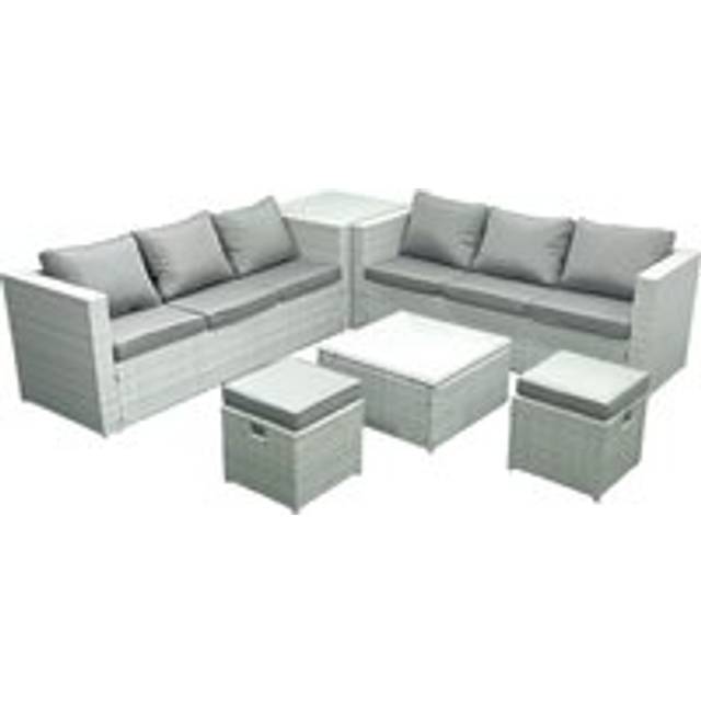 Fimous Rattan Garden Outdoor Furniture Set 8 Seater Rattan Garden Sofa Set with 2 Small Footstool Side Table Light Grey Mixed