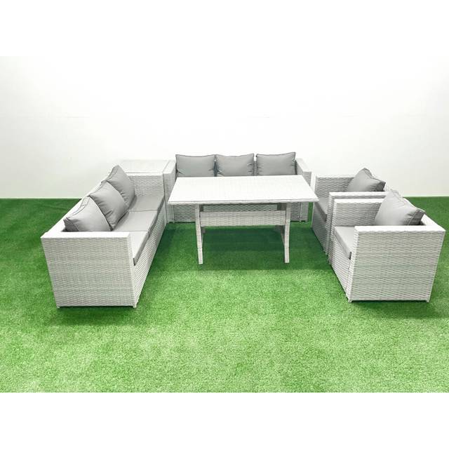 Rattan Garden Furniture Set Outdoor 8 Seater Patio Dinin g Sofa Sets with Dining Table 2 Chairs Side Table Light Grey Mixed - Fimous
