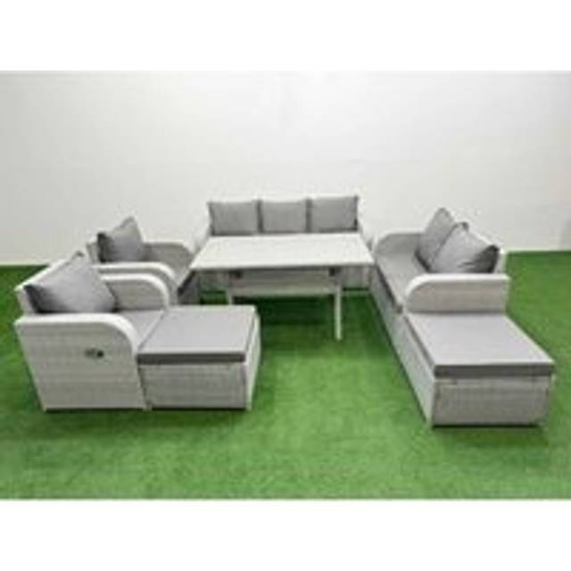 Fimous PE Rattan Garden Furniture Set Reclining Chair Sofa Double Love Seat 2 Seater Sofa Lounge Set 2 Big Footstool Light Grey