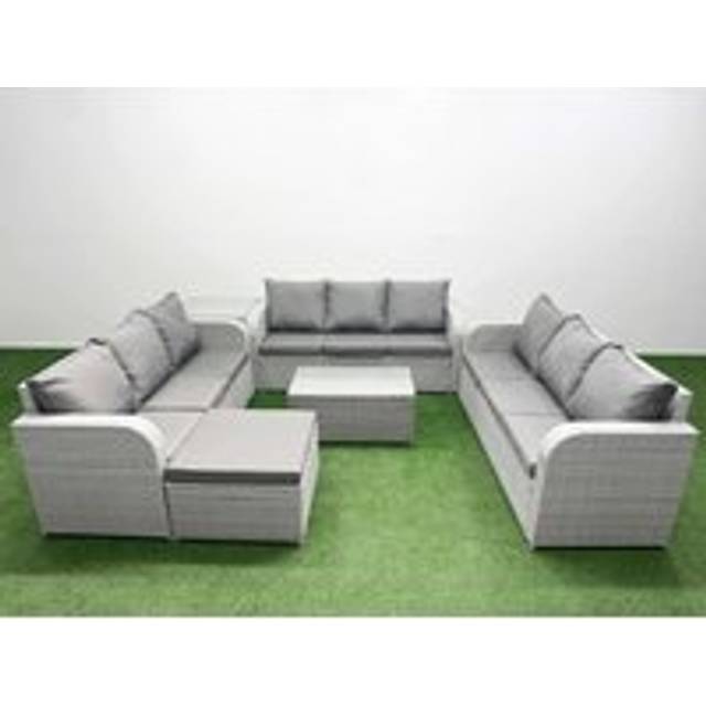 PE Rattan Lounge Sofa Set 10 Seater Outdoor Garden Furniture Set with Rectangular Coffee Table 3 Seater Sofa Big Footstool Side Table Light Grey - One Size