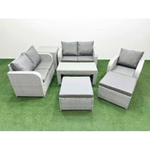 Fimous High Back Poly Rattan Garden Furniture Set with Reclining Chair Loveseat Sofa Indoor Outdoor Patio  Set 2 Big Stool Side Table