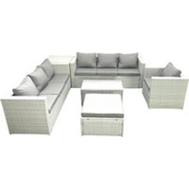 Fimous Wicker PE Rattan Sofa Garden Furniture Set with Armchair Oblong Coffee Table Big Footstool Side Table Light Grey Mixed