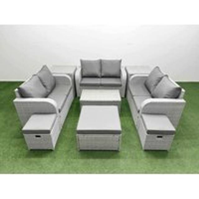 Fimous  9 Seater PE Wicker Rattan Furniture Sofa Sets with Rectangular Coffee Table 2 Seater Love Sofa 3 Stool Side Table Light Grey