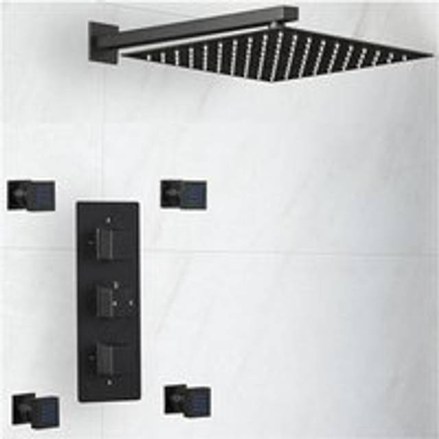 Preto - Modern 2 Outlet Triple Thermostatic Mixer Shower Valve with 300mm Wall Mounted Square Rainfall Shower Head and Four Body Jets - Black - Milano