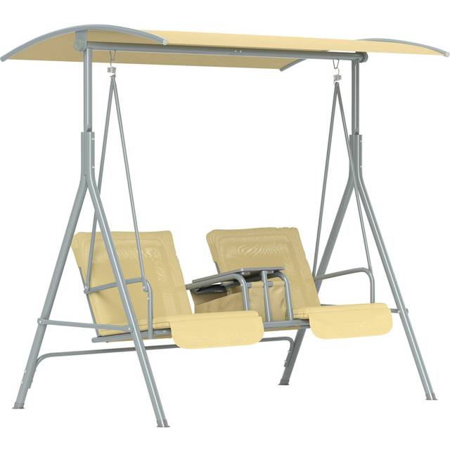 Outsunny 2 Person Covered Patio Swing w/ Pivot Table & Storage Console Beige, White