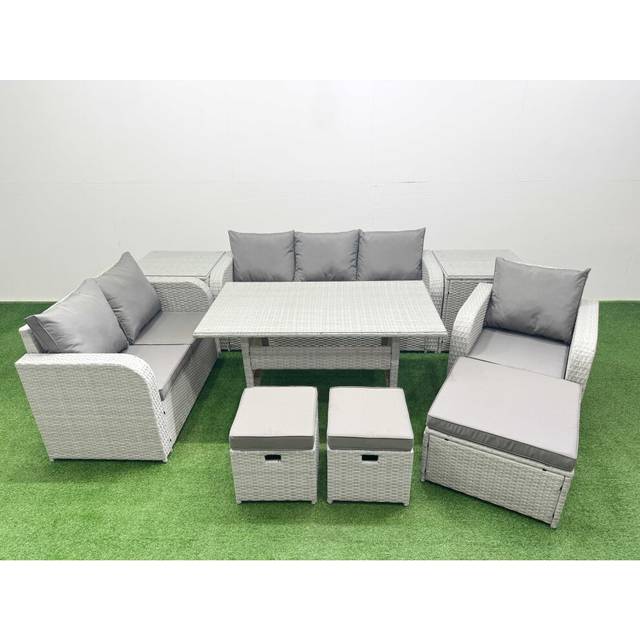 Fimous Patio PE Wicker 9 Seater Outdoor Rattan Furniture Sofa Sets with Reclining Chair Loveseat Sofa 3 Seater Sofa Stool 2 Side Table