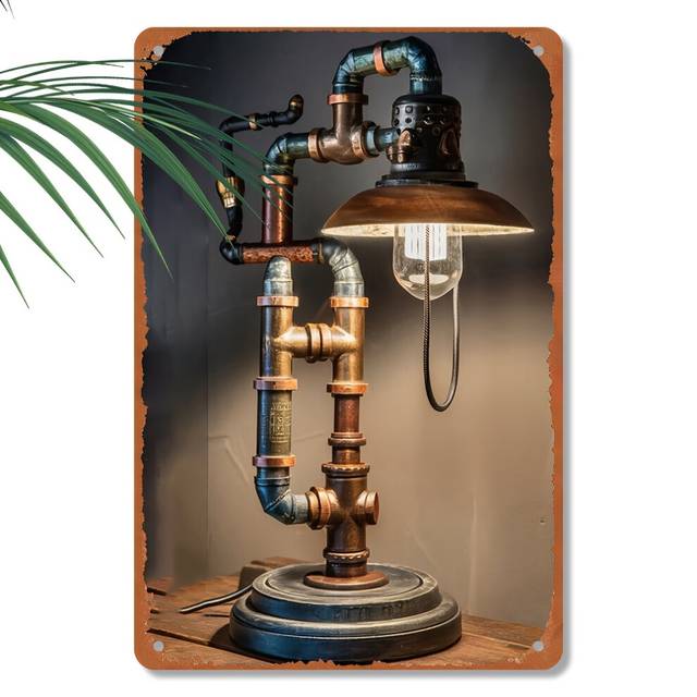(30.48*20.32cm) Vintage Steampunk Table Lamp Wrought Iron Art with Steel, Cast Iron, Bronze & Copper Pipes