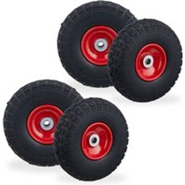 Relaxdays - Set of 4 Wheelbarrow Tyres, Puncture-Proof Solid Rubber, 4.1/3.5-4', 16 mm Axle, Spare Wheel, Black/Red